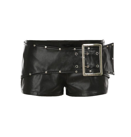 TALKLESSFASHION S / black VOstudio dark punk style big belt Japanese button rivet shorts female hot girl low-waisted PU leather hot pants light Asia