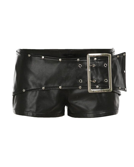 TALKLESSFASHION S / black VOstudio dark punk style big belt Japanese button rivet shorts female hot girl low-waisted PU leather hot pants light Asia
