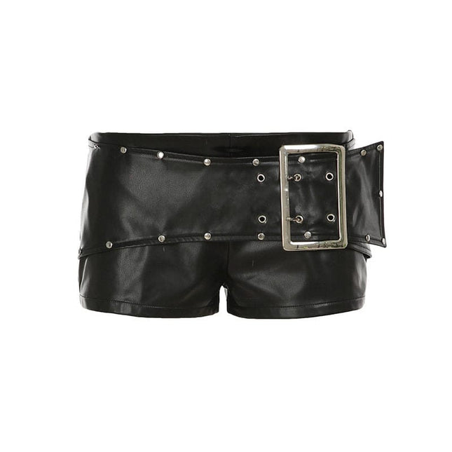 TALKLESSFASHION S / black VOstudio dark punk style big belt Japanese button rivet shorts female hot girl low-waisted PU leather hot pants light Asia