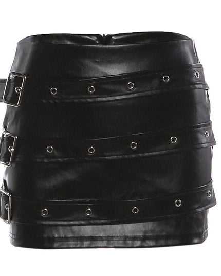 TALKLESSFASHION S / black VOstudio Punk style hot girl PU leather skirt female subculture multi-belt design hip skirt
