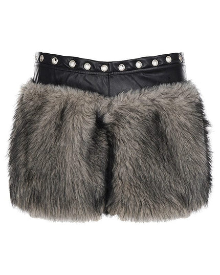 TALKLESSFASHION S / black VOstudio retro heavy industry imitation fur PU leather splicing design sense fur pants hot girl low-rise shorts women's autumn and winter