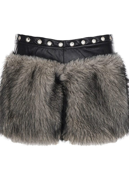 THETLSTUDIO S / black VOstudio retro heavy industry imitation fur PU leather splicing design sense fur pants hot girl low-rise shorts women's autumn and winter