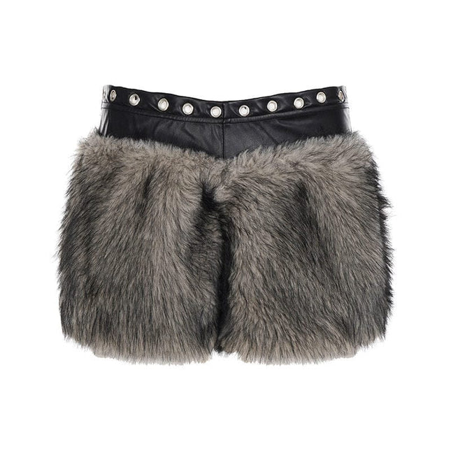 TALKLESSFASHION S / black VOstudio retro heavy industry imitation fur PU leather splicing design sense fur pants hot girl low-rise shorts women's autumn and winter