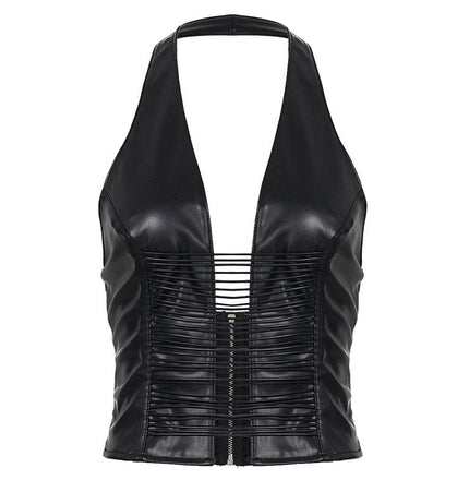 TALKLESSFASHION S / black VOstudio sexy hot girl cut-out line design halterneck open back suspender cool slim PU leather vest