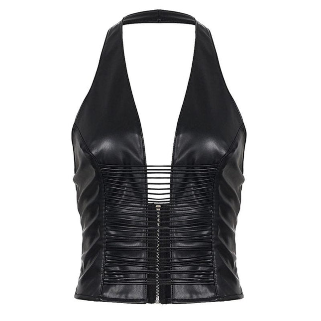 TALKLESSFASHION S / black VOstudio sexy hot girl cut-out line design halterneck open back suspender cool slim PU leather vest