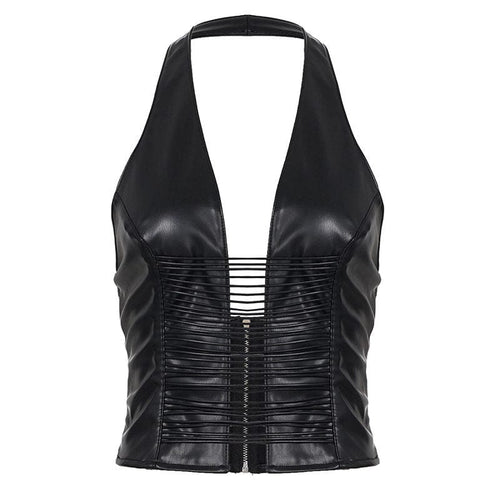 THETLSTUDIO S / black VOstudio sexy hot girl cut-out line design halterneck open back suspender cool slim PU leather vest