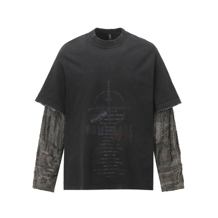 TALKLESSFASHION S / Black W157 Jiayiku Men's 2026 New American Street Trendy Brand Fake Two Washed Damaged and Eroded Washed T-Shirt Long Sleeves