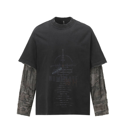 THETLSTUDIO S / Black W157 Jiayiku Men's 2026 New American Street Trendy Brand Fake Two Washed Damaged and Eroded Washed T-Shirt Long Sleeves
