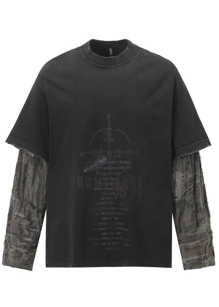 THETLSTUDIO S / Black W157 Jiayiku Men's 2026 New American Street Trendy Brand Fake Two Washed Damaged and Eroded Washed T-Shirt Long Sleeves