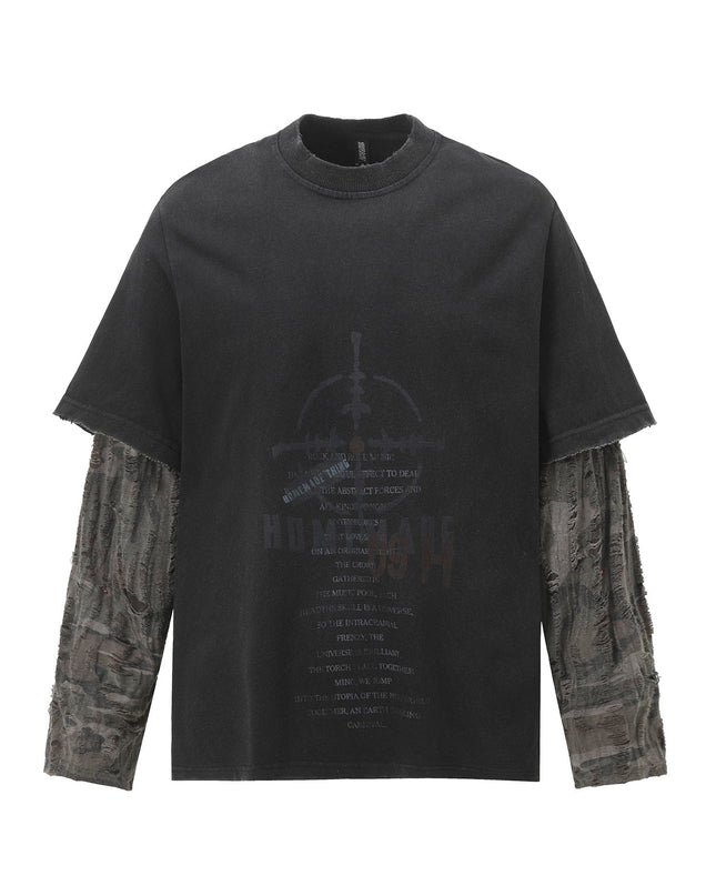 TALKLESSFASHION S / Black W157 Jiayiku Men's 2026 New American Street Trendy Brand Fake Two Washed Damaged and Eroded Washed T-Shirt Long Sleeves