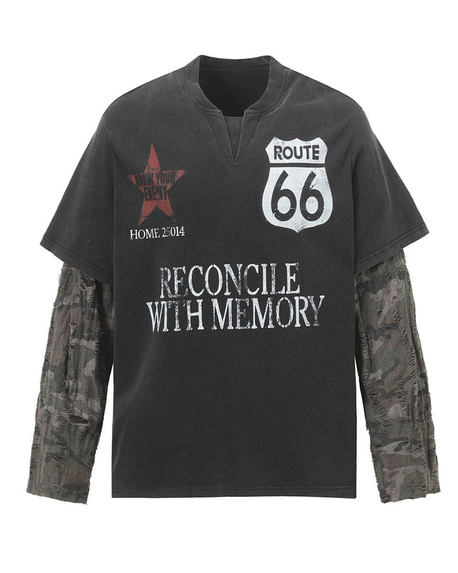 TALKLESSFASHION S / Black W715 Jiayiku Men's 2026 New American Street Trendy Brand Fake Two Washed Damaged and Eroded Washed T-Shirt Long Sleeves