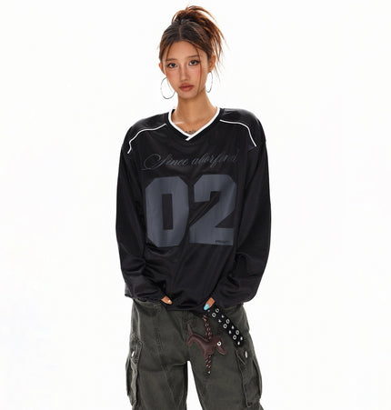 THETLSTUDIO S / black XPKAEAX American High Street Digital Print V-Neck Long Sleeve T-Shirt Men's and Women's Fall 2025 Jersey Sporty Top
