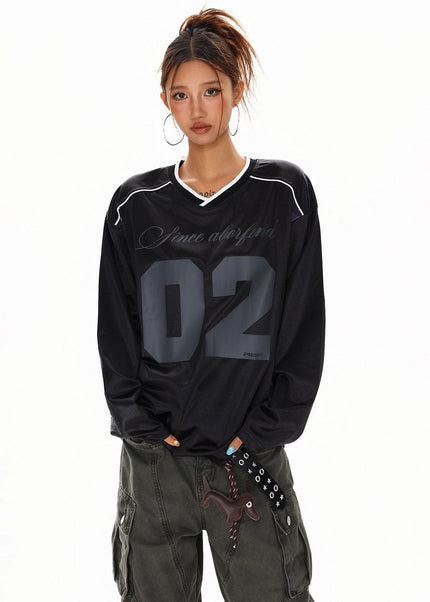 THETLSTUDIO S / black XPKAEAX American High Street Digital Print V-Neck Long Sleeve T-Shirt Men's and Women's Fall 2025 Jersey Sporty Top