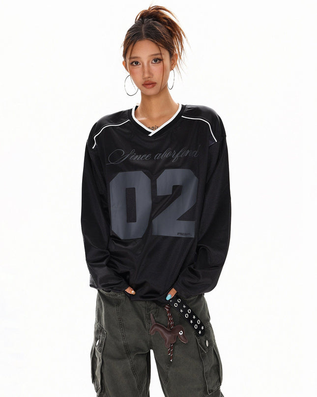 TALKLESSFASHION S / black XPKAEAX American High Street Digital Print V-Neck Long Sleeve T-Shirt Men's and Women's Fall 2025 Jersey Sporty Top