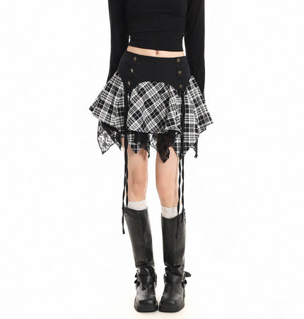 THETLSTUDIO S / black XPKAEAX Chic Vintage Lace Stitched Plaid Skirt Women's Spring New Contrast Irregular Cake Skirt