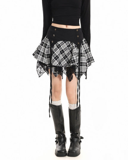 TALKLESSFASHION S / black XPKAEAX Chic Vintage Lace Stitched Plaid Skirt Women's Spring New Contrast Irregular Cake Skirt