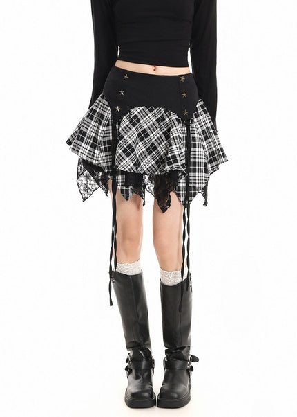THETLSTUDIO S / black XPKAEAX Chic Vintage Lace Stitched Plaid Skirt Women's Spring New Contrast Irregular Cake Skirt