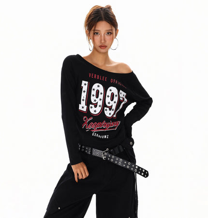 THETLSTUDIO S / black XPKAEAX Spice Girl Style American High Street Slim Long Sleeve T-Shirt Women's New Off-the-Shoulder Slimming Top for Fall 2025