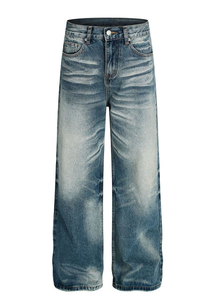 THETLSTUDIO S / blue American high street washed cat beard jeans for men and women couples cleanfit retro straight leg slim trousers trend