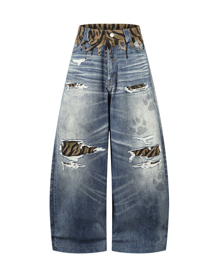 TALKLESSFASHION S / blue American style distressed hole men's and women's tiger stripe splicing design drape loose trendy brand retro street wide-leg pants denim