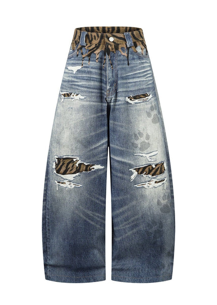 THETLSTUDIO S / blue American style distressed hole men's and women's tiger stripe splicing design drape loose trendy brand retro street wide-leg pants denim
