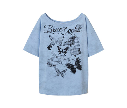 TALKLESSFASHION S / blue American Sweet Cool Butterfly Off-the-Shoulder Short Sleeve T-Shirt Women's 2025 Summer Lazy Style Hot Girl Loose Casual Slanted Shoulder Top