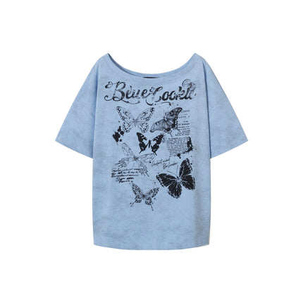 TALKLESSFASHION S / blue American Sweet Cool Butterfly Off-the-Shoulder Short Sleeve T-Shirt Women's 2025 Summer Lazy Style Hot Girl Loose Casual Slanted Shoulder Top