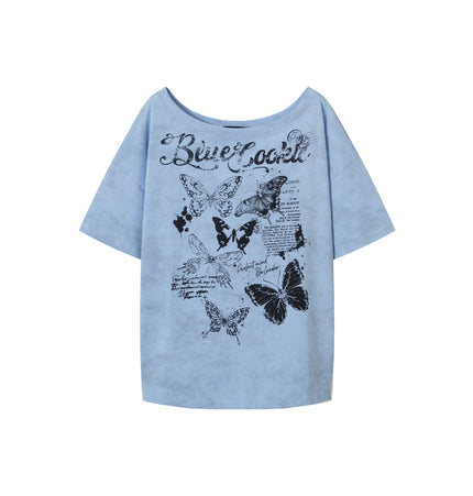 THETLSTUDIO S / blue American Sweet Cool Butterfly Off-the-Shoulder Short Sleeve T-Shirt Women's 2025 Summer Lazy Style Hot Girl Loose Casual Slanted Shoulder Top
