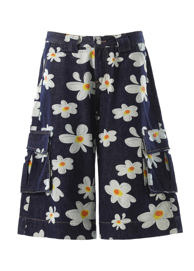 TALKLESSFASHION S / blue American vintage daisy print denim shorts men's and women's design workwear wide-leg cropped pants BLACKLISTS youthful vitality shorts Summer daily wear