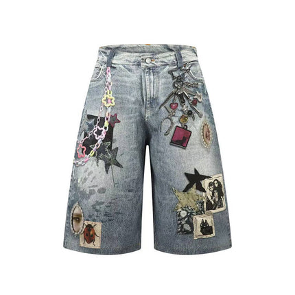 TALKLESSFASHION S / blue BLACKLISTS American 3D printing graffiti design denim cropped pants for men and women in summer distressed wide-leg shorts