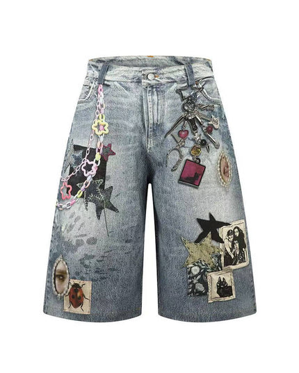 TALKLESSFASHION S / blue BLACKLISTS American 3D printing graffiti design denim cropped pants for men and women in summer distressed wide-leg shorts