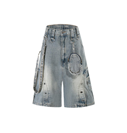 TALKLESSFASHION S / blue BLACKLISTS American high street heavy industry patchwork denim shorts men's and women's Abi punk cargo cropped pants