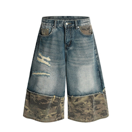 TALKLESSFASHION S / blue BLACKLISTS American retro camouflage stitching destruction denim shorts cropped loose wide-leg cropped pants for men and women