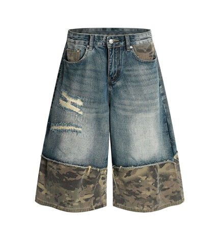 TALKLESSFASHION S / blue BLACKLISTS American retro camouflage stitching destruction denim shorts cropped loose wide-leg cropped pants for men and women