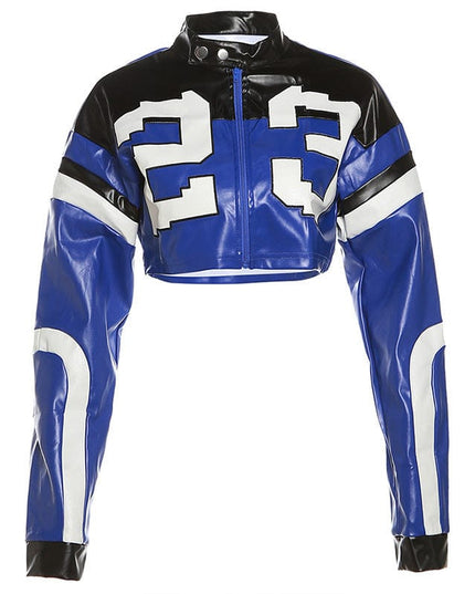 TALKLESSFASHION S / blue European and American foreign trade 2025 summer women's new fashion locomotive contrast embroidery splicing slim imitation leather jacket jacket