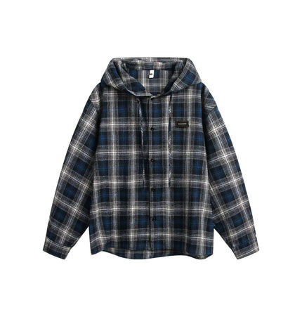 THETLSTUDIO S / Blue gray grid Vintage Plaid Hooded Long-Sleeve Shirt