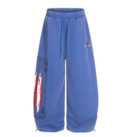 TALKLESSFASHION S / blue Jiayiku trendy brand 2025 new American retro washed scimitar Stars and Stripes sweatpants for men and women loose wide-leg pants