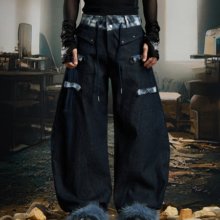 TALKLESSFASHION S / blue No man's island original y2k niche personality splicing pants hem furry detachable scimitar pants jeans