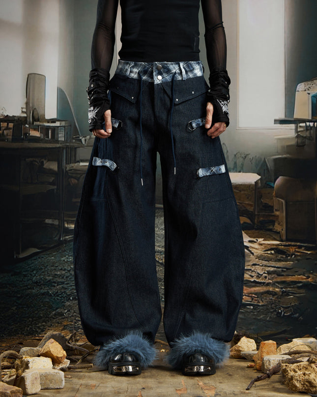 TALKLESSFASHION S / blue No man's island original y2k niche personality splicing pants hem furry detachable scimitar pants jeans