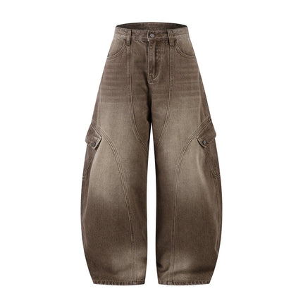 TALKLESSFASHION S / brown American retro deconstruction splicing washed white scimitar jeans for men and women slimming wide leg loose casual trousers