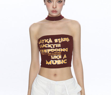TALKLESSFASHION S / Brown BIGGOLD American hot girl letter halterneck bandeau vest women's summer design sense personality slimming slimming top