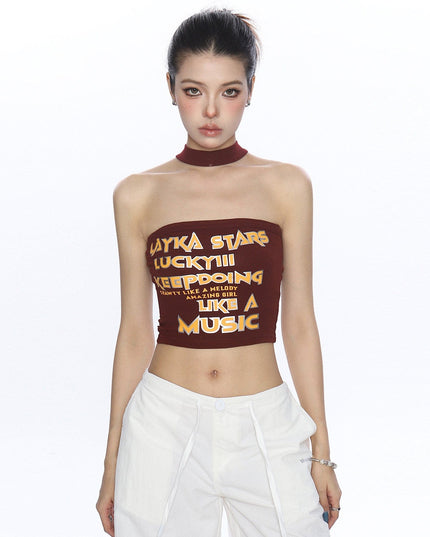 TALKLESSFASHION S / Brown BIGGOLD American hot girl letter halterneck bandeau vest women's summer design sense personality slimming slimming top