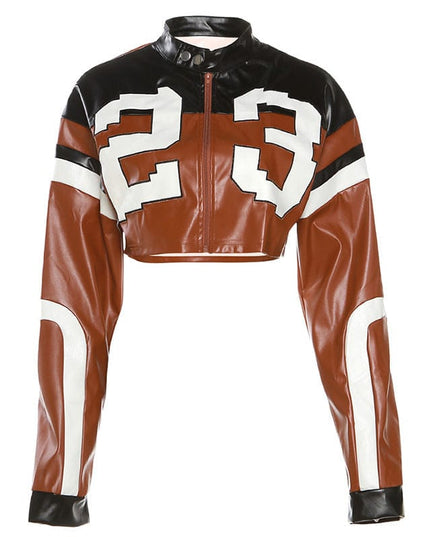 TALKLESSFASHION S / brown European and American foreign trade 2025 summer women's new fashion locomotive contrast embroidery splicing slim imitation leather jacket jacket