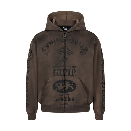 TALKLESSFASHION S / Brown Jiayiku Men's 2026 New Wasteland Feng Shui Washed Stained Dyed Cardigan Sweatshirt Jacket Men's and Women's American Street Hoodie