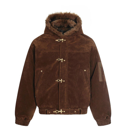 TALKLESSFASHION S / Brown Jiayiku trendy brand 2025 winter mountain carving American old money style wool collar cotton jacket padded jacket suede cotton jacket