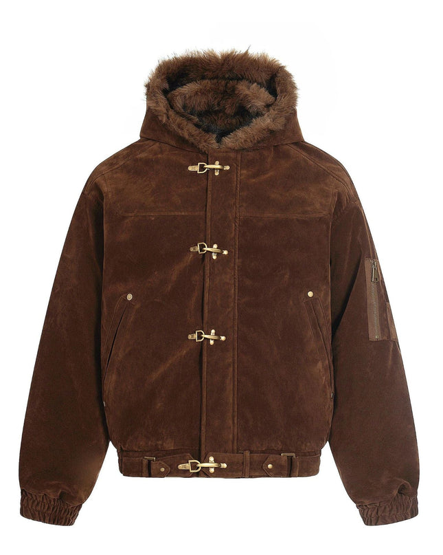 TALKLESSFASHION S / Brown Jiayiku trendy brand 2025 winter mountain carving American old money style wool collar cotton jacket padded jacket suede cotton jacket