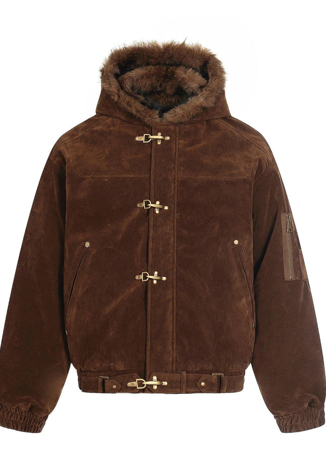 TALKLESSFASHION S / Brown Jiayiku trendy brand 2025 winter mountain carving American old money style wool collar cotton jacket padded jacket suede cotton jacket