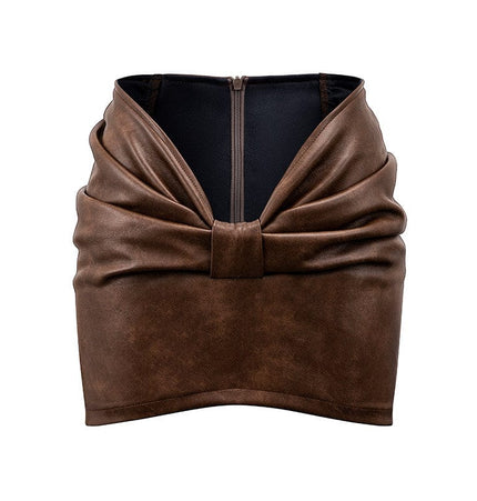 TALKLESSFASHION S / Brown STARTTHEENGINE original hot girl V-shaped low-waisted pleated hip anti-shine PU leather skirt A-line skirt