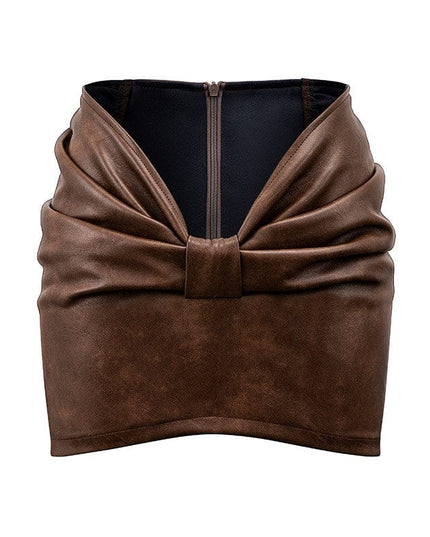 TALKLESSFASHION S / Brown STARTTHEENGINE original hot girl V-shaped low-waisted pleated hip anti-shine PU leather skirt A-line skirt