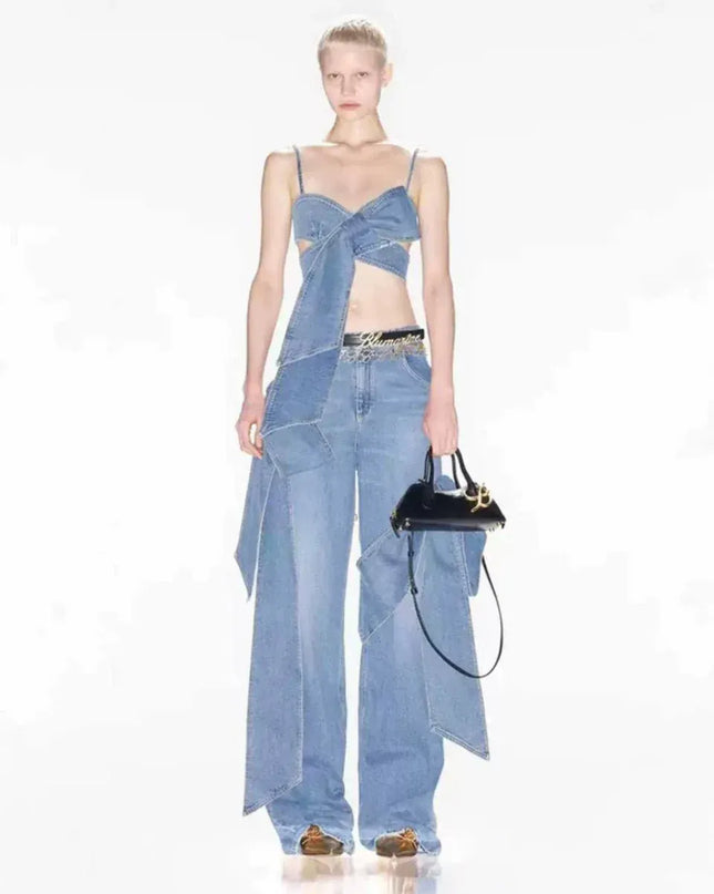 TALKLESSFASHION S buyer show return 5 / Blue vest Denim Bow Bandeau Wide-Leg Set